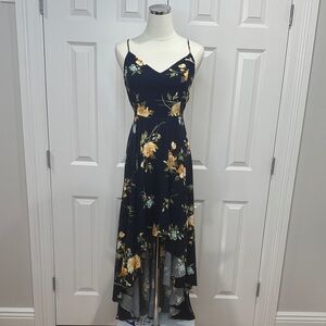 Lulus Best Times Navy Blue Floral High Low Hem Lace-Up Back Boho Dress Size M